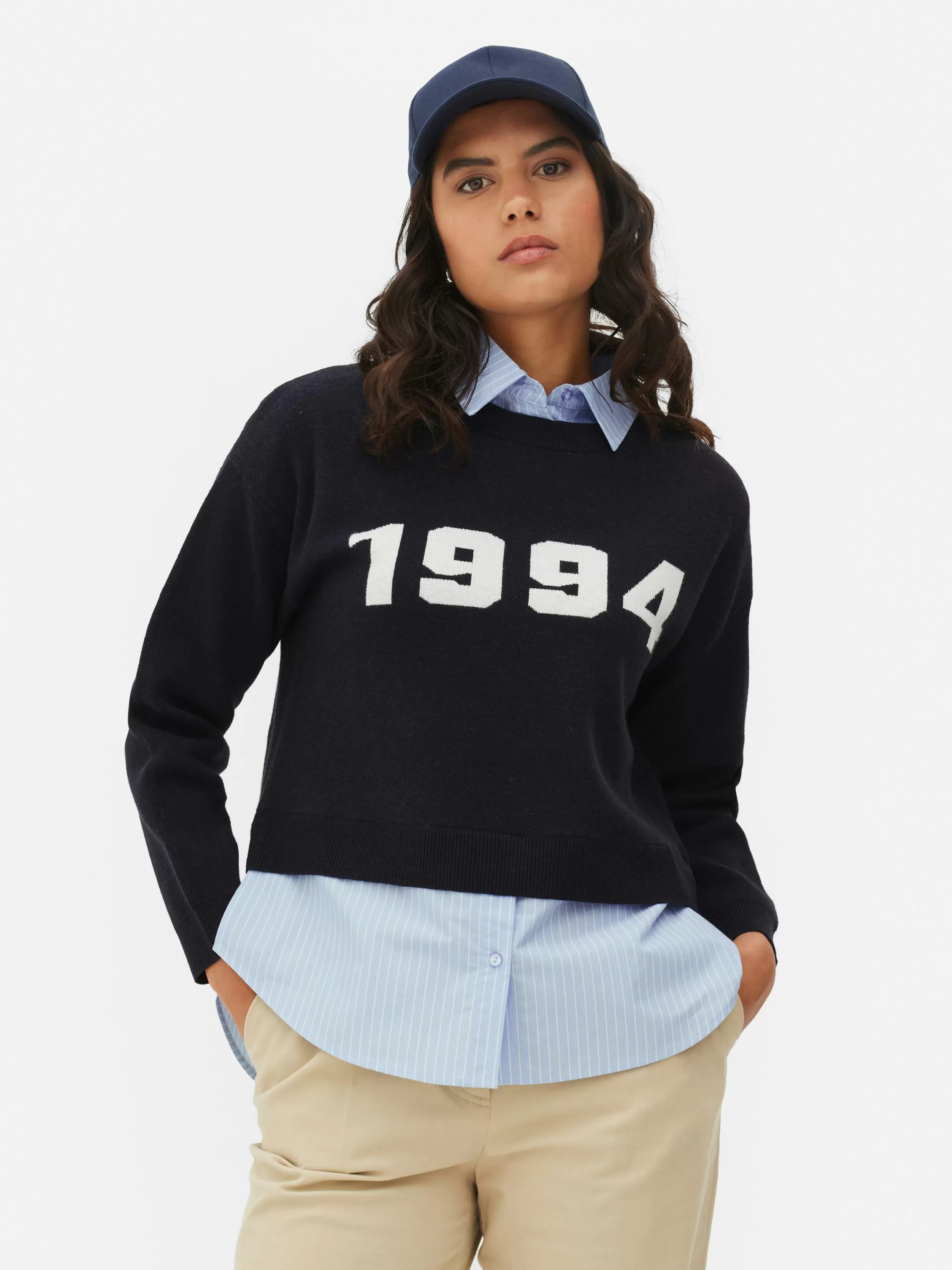 Primark Truien En Vesten^Twee-in-één Gebreide Trui Met Tekst En Overhemd